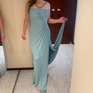 Pale blue chain-link halterneck evening dress from PINKO, chain-link detailing.